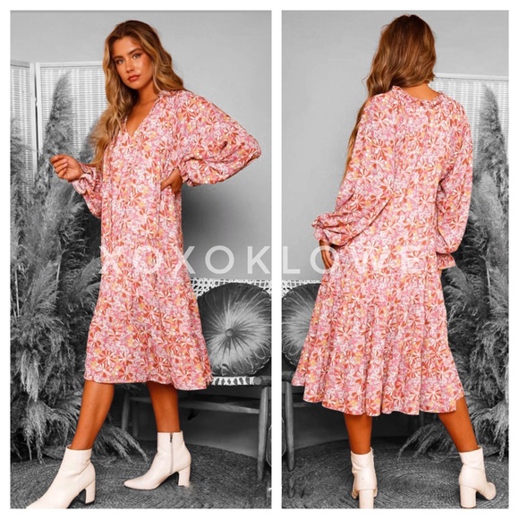 Boho Retro Floral Print Midi Dress Long Sleeves Tiered Skirt - Picture 7 of 12